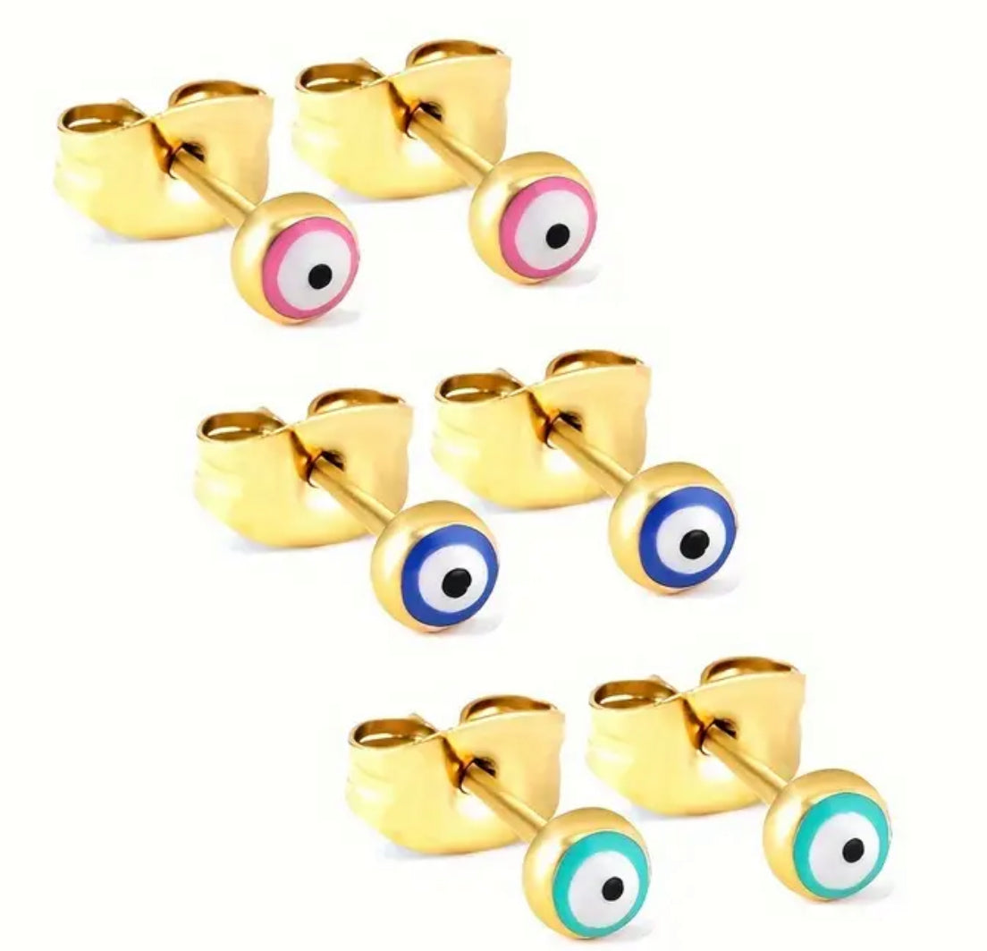 Gold-Plated Stainless Steel Evil Eye Earrings — Brincos Olho Grego em Aço Inoxidável Banhado a Ouro